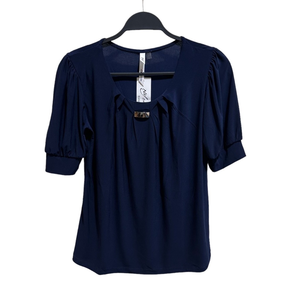 NY Collection Womens S Navy Blue Short Balloon Sleeve Pleated Scoop Neck Top NWT
